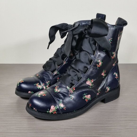 BP Floral Combat Boots with Ribbon Laces, Navy, Womens Size 6.5 - Picture 3 of 13